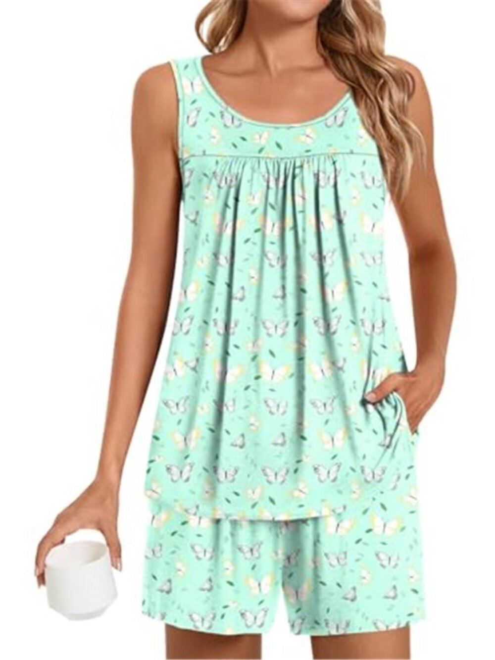 POPYOUNG Mint Butterfly Pajama Set Sleeveless Tank & Shorts Sleepwear